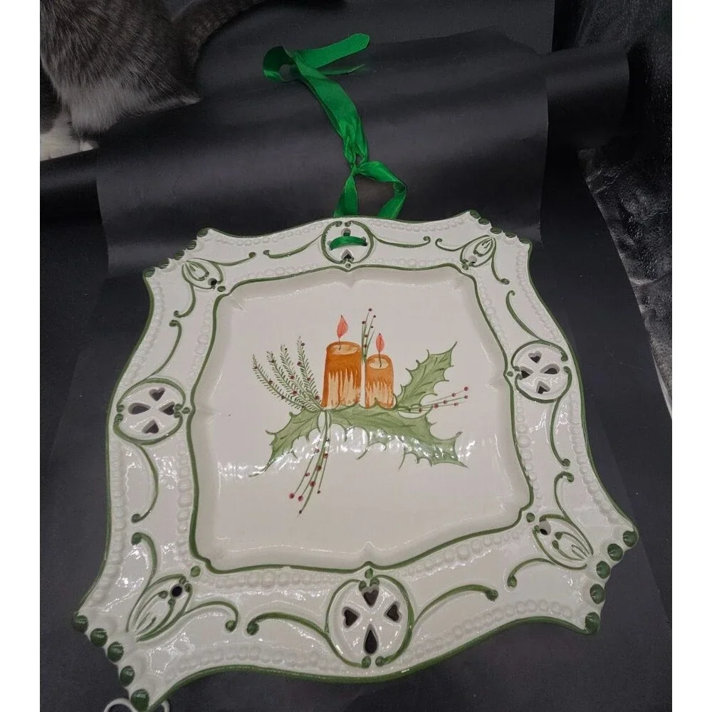 Vintage Hand Painted Ceramic Ceramic Christmas Candle Tray Wall Hanging 12 x 12